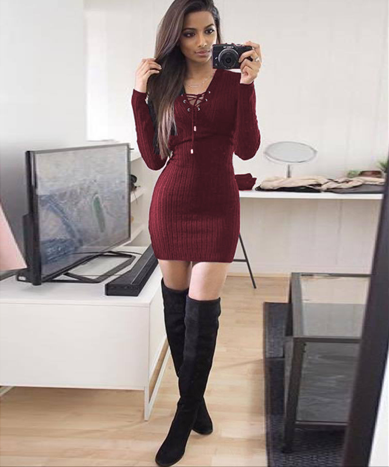 W25038-2 Женский Трикотаж Bodycon Коктейль Вечерний Свитер Мини-Платье